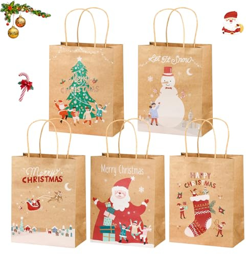 Geschenktüten Weihnachten, 15 Stück Papier Weihnachtstaschen Mit Henkel, Braun Papiertüten, Geschenktasche für Geschenke Mitgebsel Süßigkeiten Party