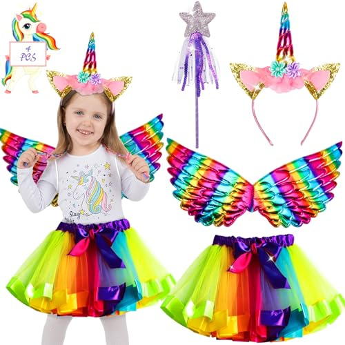 ZZXLOPEZ Unicorn Kostym Prinsess Set, 4 Delar Enhörning Kostym för Barn, Unicorn Pannband Vingar Trollstav med Regnbågs Tutu Kjol, Barns Unicorn Kostymer för Karneval, Maskeraddräkter, Födelsedagsfest