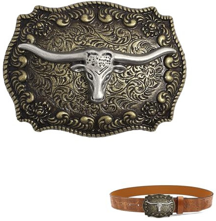 SEABABOO Stierkopf 3D Bull Gürtelschnalle Longhorn Bull Gürtel Schnalle Silver Cowboy Belt Buckle Vintage Wechselgürtel für Herren (Braun)