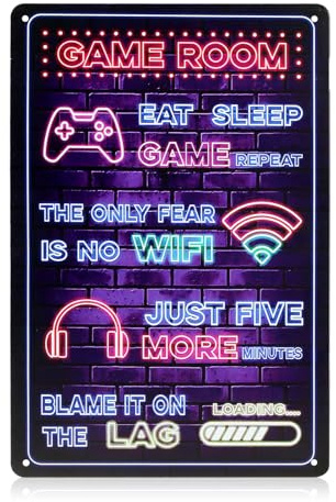 Neon Video Game Metal Sign - Colorful Printed Gaming Room Wall Art Accessories - Gamer Bedroom Wall & Door Decorations