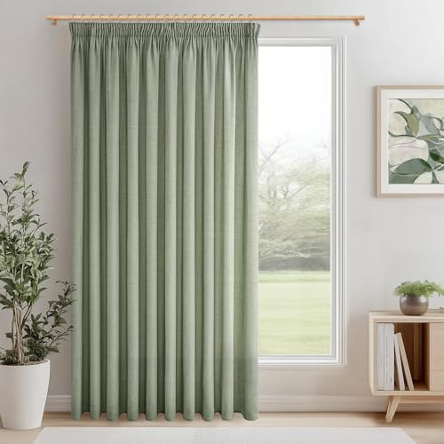 MRTREES Extra Wide Curtains Linen Look Semi-Transparent Sage Green for Large Windows Living Room Curtain Ruffle Tape Linen 1 Piece 240 cm Long 300 cm Wide Curtains for Rails Bedroom