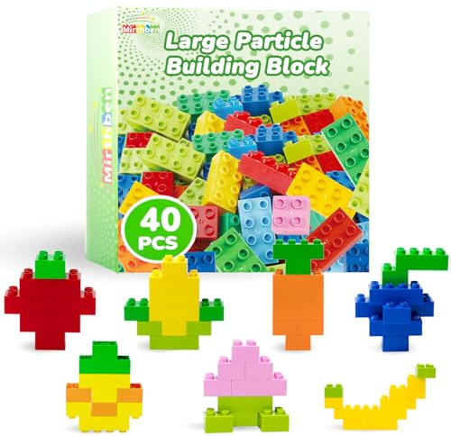 Mirthben Set med 40 stora byggklossar, 2 former och 8 färger byggklossar kompatibla med Duplo och alla ledande märken, färgglada byggleksaker för barn från 3 år