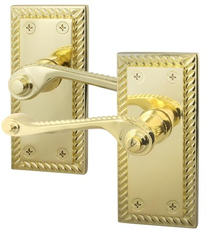 EAI Polished Brass Door Handles, 1 Pair on Backplate - Rope Scroll