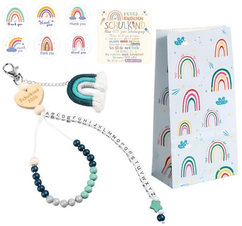 Matreeglam Cadeau de rentrée des classes pour fille - Cornet d'école - Remplissage de la chaîne de calcul 2025 - Cadeau porte-bonheur avec carte de vœux - Sacs en papier arc-en-ciel - Autocollant
