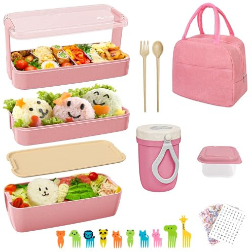 Bento Lunch Box 900ML, 3 Layer Lunch Boxes with Lunch Bag for Kids Adults School Office Picnic, Bento Box Compartment and Portable Leakproof, Lunch Boxes Container Microwave and Dishwasher (Pink)