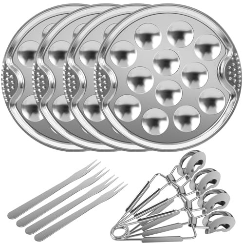 AUROAY 4 Set di Piatti per Lumache con 4 Forchette e 4 Pinze in Accaio Inossidabile, Piatti Ø19cm con 12 Tacche,Vassoio per Degustazione Conchiglie Frutti di Mare Escargot,Teglia Lumache da Forno