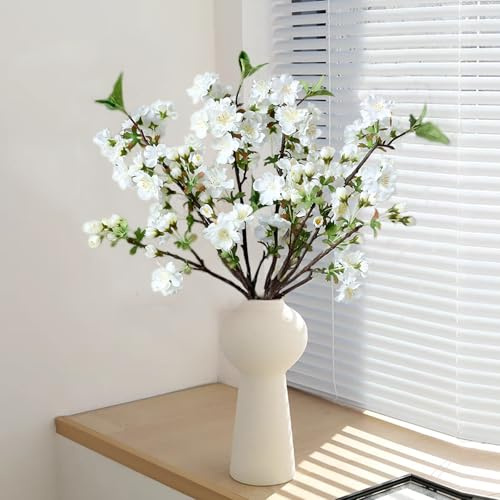 HNLMZ Künstliche Kirschblütenzweige,3 Stück 49cm Kunstblumen Seidenblumen Frühlingsblumen Deko Blumen Kunstblumen Frühling Kirschblüten Zweige für Zuhause, Hochzeit, Garten, Partydekoration(Weiß)