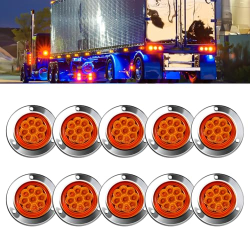 Wodvyss - 10 Pack 2 Round 9 LED Amber Side Marker Light, 2 Stainless Steel Grommets, DOT Approved, Sealed Flush Mount, IP67 Waterproof