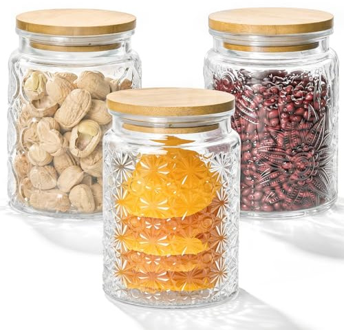 Tel Charme * 3-Pack 700ml Glass Jars with Bamboo Lids, Airtight Vintage Glass Storage Canisters for Kitchen Pantry Coffee Sugar Tea Flour Snacks (Transparent)