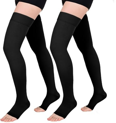 Evolyline 2Paar Lang Kompressionsstrümpfe Damen Herren 15-20mmhg | Offene Zehe Stützstrümpfe Damen Unisex Trombosestruempfe Damen Flug Thigh High Compression Socks For Lipoödem, Dvt