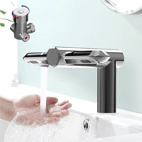 GJBMXSM Sèche-Mains 2 en 1 avec Capteur pour Robinet, Robinet D'évier Automatique sans Contact avec Séchage Rapide en 6 S (Air Chaud/Froid),pour Lavabo De Toilettes Publiques Ou Commerciales