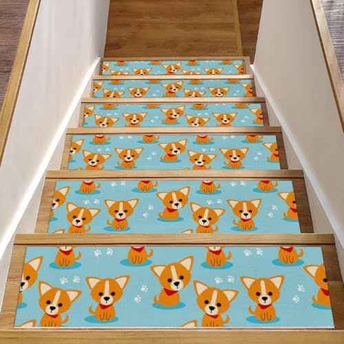 RODAILYCAY Simpatico motivo cucciolo, confezione da 15 tappetini per scale, 20,3 x 76,2 cm, gradini per scale in legno per interni, tappeti antiscivolo per scale, superficie in poliestere TPE con