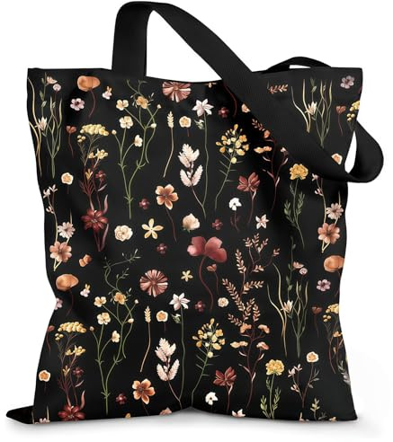 Vesavifaka Sac en Toile pour Femmes – Sac en Tissu avec Fermeture Éclair, Sac d'Épaule Réutilisable et Élégant pour Shopping, Travail, Vie Quotidienne, Vacances, Noir à Fleurs