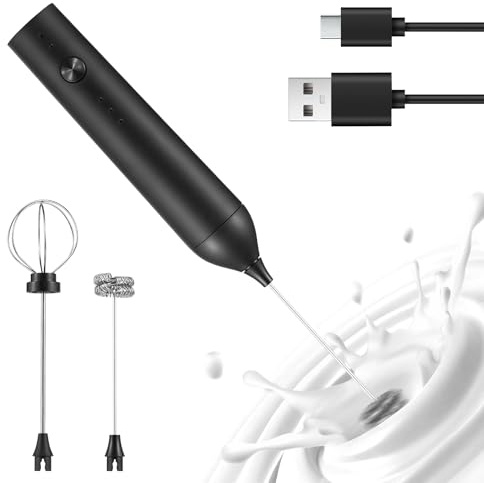 Espumador de leche eléctrico, máquina de espuma de mano recargable, batidor estable ajustable de 3 niveles de velocidad para café, crema, clara de huevo con 2 cabezales extraíbles (Negra)