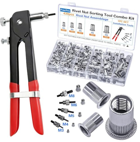 FreeTec Juego de 436 alicates de remache para tuercas ciegas con rosca M3, M4, M5, M6, M8, remaches roscados, tuercas de remache, alicates, herramienta con espinas para reparación de tubos de metal
