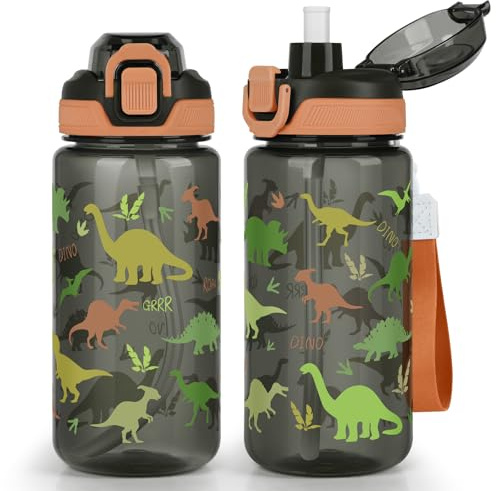 Gourde Enfant avec Paille pour Filles Garçons 600ml, Anti-Fuite - Dinosaure | Bouteille D'eau pour Enfant avec Verrouillage Sécurisé, sans BPA pour l'école et Sport