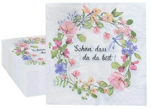 Ovanda Servietten Schön Dass Du Da Bist 20 Stück,Servietten Blumen 33x33cm | Papierservietten mit Blumenkranz Libelle,Schön Dass Du Da Bist Servietten für Hochzeit Kommunion Taufe Geburtstag Gartenparty