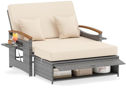 COSTWAY Polyrattan Sonnenliege, Gartenliege mit Verstellbarer Rückenlehne | Doppelliege 2 Personen mit Kissen & Seitenablagen, Balkonmöbel Kleiner Balkon, Gartensofa mit Liegefunktion, Loungebett