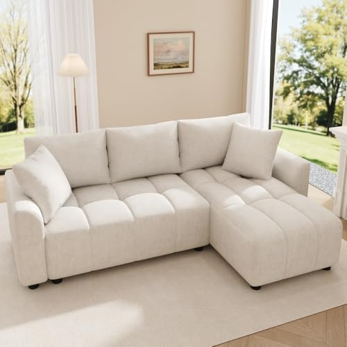 Sapgaks Canapé d'angle,Canapé 3 Places,anapé d'angle Convertible en L, Tissu Chenille,avec 2 Coussins décoratifs,adapté au Salon et à l'appartement (Beige)