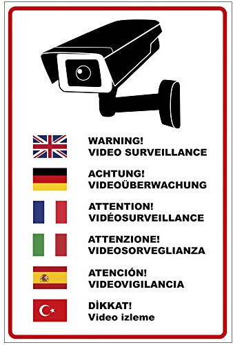 Schild Achtung Videoüberwachung in mehreren Sprachen aus Alu/Dibond 200x300 mm - 3 mm stark