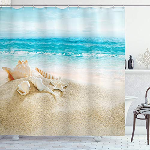 ABAKUHAUS Muscheln Duschvorhang, Pastell-Strand-Szene, Stoffliches Gewebe Badezimmerdekorationsset mit Haken, 175 x 180 cm, Aqua Beige