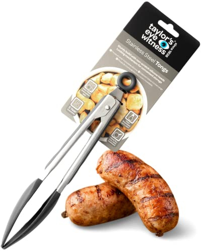 Taylors Eye Witness Large Steel Black Silicone Tongs - Dishwasher Safe, Non-Scratch Heads, Heat Resistant (260°C/500°F)