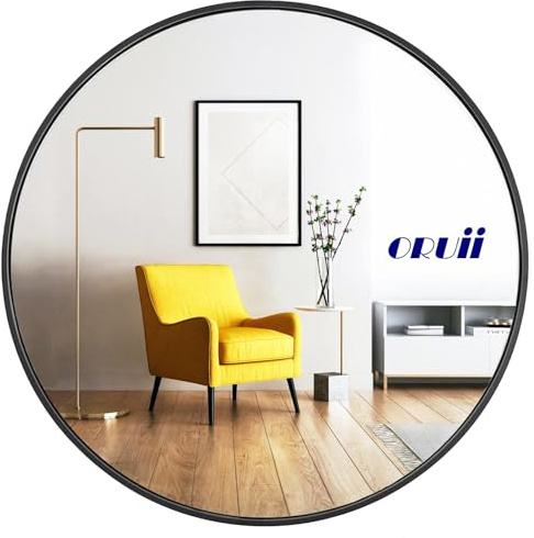 Oruii Round Mirror, Black Round Mirror 24 inch, Circle Wall Mirrors Metal Frame, Black Circular Mirrors for Bathroom, Wall, Living Room, Entryway, Hallway, Vanity, Rustic