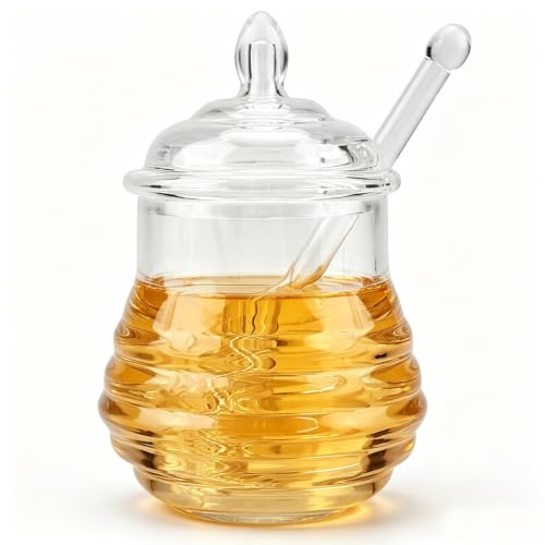 HERCHR Honey Pot with Dipper, 250ml Plastic Honey Jar Transparent Honey Dispenser Honey Container Syrup Containers Jam Jar with Lid for Home Kitchen Storing and Dispensing Honey