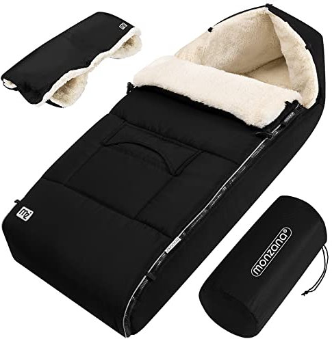 MONZANA® Fußsack für Kinderwagen Baby Winter mit Handwärmer Reflektoren Reißverschluss Buggy Waschbar Babyschale Schlafsack Kuschelig Schwarz