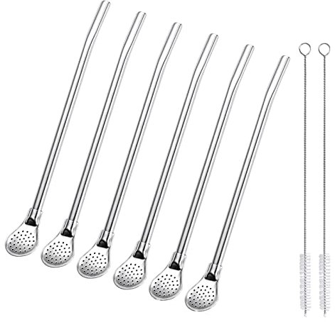 6 Stück Strohhälme Löffel,Edelstahl Trinkhalme mit Filterlöffel und 2 Reinigungsbürsten,Yerba Mate Bombilla Strohhalm Für Kaffee Getränke 18cm Silber
