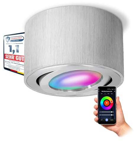 SSC-LUXon CELI-1A Aufbauspot flach schwenkbar gebürstet mit Smart RGB CCT LED Leuchtmittel - WLAN Spot kompatibel mit Alexa, Siri & Google