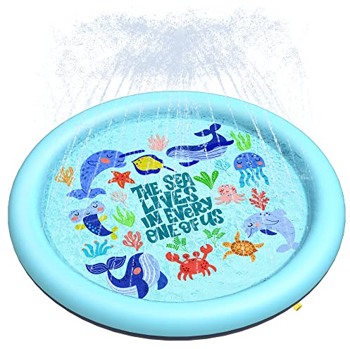 Peteast Anti-Slip Ocean-Themed Splash Pad for Kids and Dogs - 67in 0.58 mm Thicken Sprinkler Dog Pool for Summer Outdoor Water Toys - Fun Backyard Play Mat for Pets