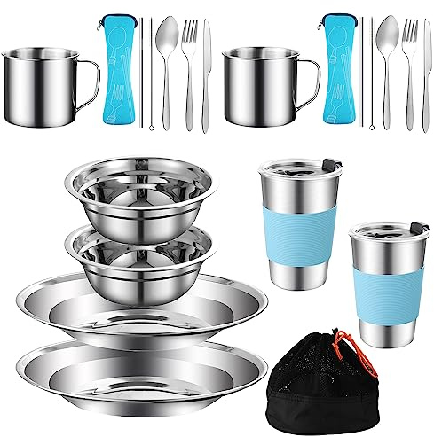 MOUFIER 20PCS Outdoor Camping Cutlery Set Stainless Steel Utensils for 2 Person Camping Tableware Mess Kit Includes Plate Bowl Cup Spoon Fork Knife with Mesh Bag, Silver (H977_2L)