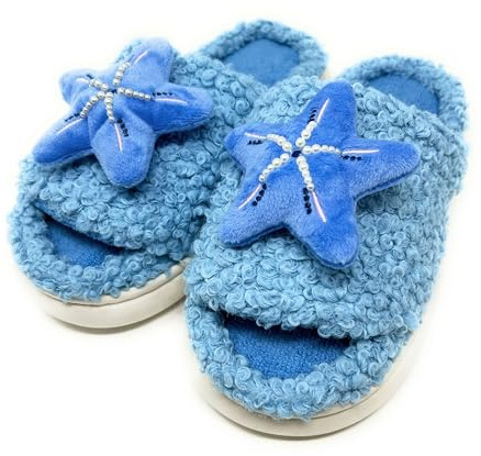 ooohyeah Women’s Fuzzy Funny Slides, Cute Non-Slip House Slippers for Women, Blue Starfish, M