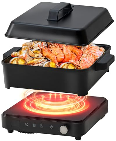 Olayks Portable Induction Cooktop, 1500W Induction Cooktop with 6 Temperature 8 Power Settings, 99 Minutes Timer, Including 8L Cast Iron Cooking Pot and Cast Iron Pan
