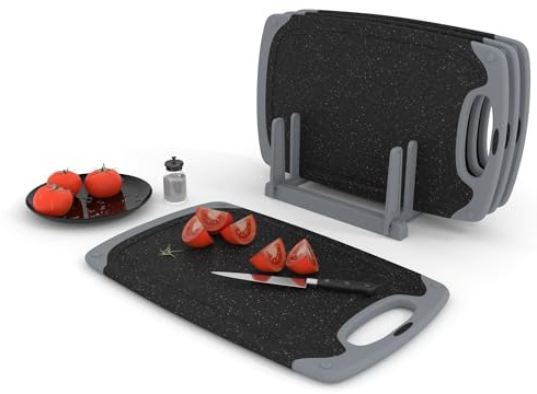 KPYTO Schneidebrett Set mit Ständer, 31x19cm, BPA-frei,spülmaschinenfest,rutschfest,beidseitig