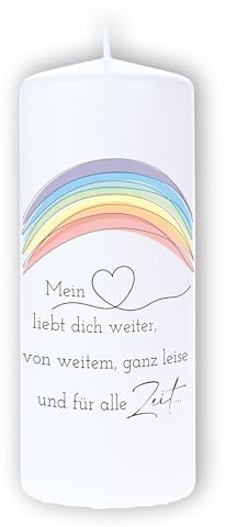 DOLORINO Trauerkerze mit Spruch Mein Herz liebt dich weiter, von weitem, ganz leise und für alle Zeit | liebevolles Symbol des Trostes | made in Germany | 44 Std. Brenndauer | 15cm