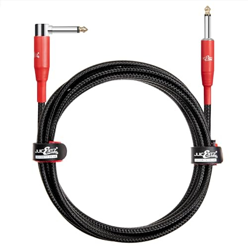 JuicEBitz Guitar Lead 10m. 6.35mm 1/4 Inch Jack to Jack Plug Cable. Pro Series Amplifier Speaker Cable. Straight to Angled Connectors. Studio Performance. Black Braided Electric Guitar Cable 10m.