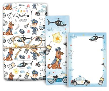 Mitgebsel-Set 12 Geschenkpapierbögen + 12 Lesezeichen + 12 Mini-Notizblöcken + 12 Aufkleber für Jungen Gastgeschenke für Kinder Jungsgeburtstag Polizei Detektiv Motto-Party Giveaways
