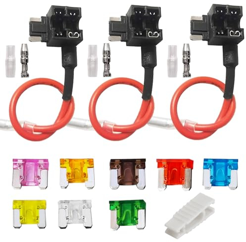 Haojiaho - 3 fusibles de hoja de perfil bajo, 12V-24V-32V, portafusibles de perfil bajo con arnés de cables para coches, camiones, barcos, 8 fusibles (3A, 5A, 7.5A, 10A, 15A, 20A, 25A, 30A) y