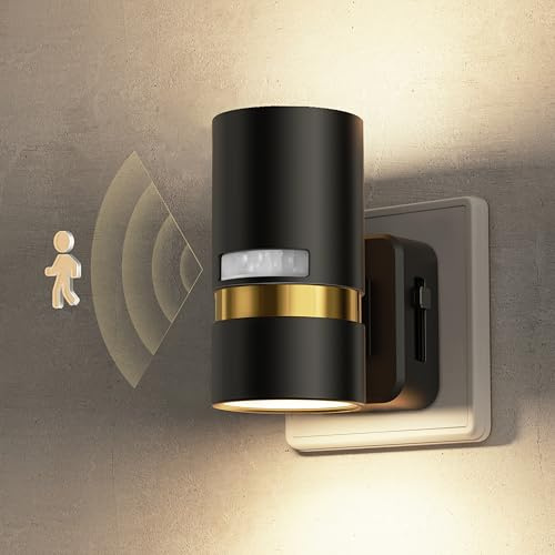 LOHAS-LED Nachtlicht Steckdose mit Bewegungsmelder, dimmbar, Warmweiß | 1W LED Steckdosenlicht, ON/OFF/AUTO, 0-100% dimmbar, Schwarz Zylinderdesign mit Silberring für Flur, Treppe und Schlafzimmer