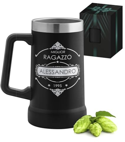 Maverton Boccale da birra personalizzato in acciaio inox - Tazza termica nera da campeggio 700ml - Bicchiere termico 6h caldo/10h freddo - Bicchieri birra - Regalo uomo compleanno - Regalo fidanzato