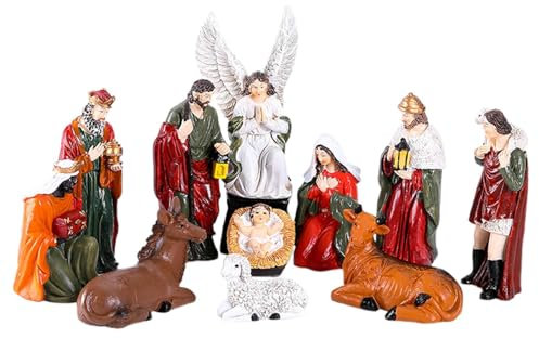 leryveo 10 Teiliges Krippenfiguren Set | Krippe Weihnachten aus Kunstharz | Handgefertigte Weihnachtskrippe Figure Sets | Geburt Jesu Krippenzubehör Statue als Weihnachten Tisch Dekoration
