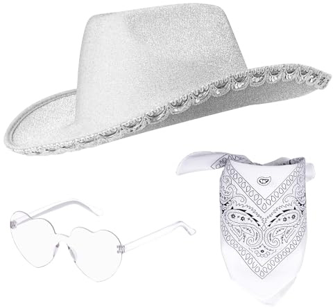 jerbro 3er Cowboy Hut mit Herzbrille Partybrille Cowgirl Hut Kostüm für Erwachsene Rodeo Wilder Westen Cosplay Karneval Mottoparty Halloween Party (Weiß)