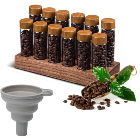 Walnuss Massivholzsockel Kaffeedosen, 12 Stück Kaffeebohnen Aufbewahrung aus Holz für Einzelne Portionen, Glasfläschchen mit Deckeln, Behälter Displayständer und Trichter, 17 g - 22 g
