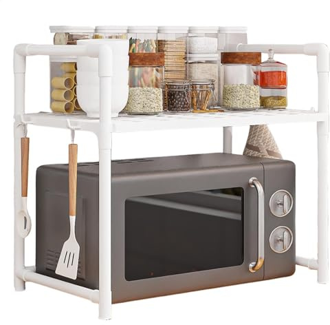 YNPQTDS Estante expandible para horno microondas de 2/3 niveles, estante de almacenamiento para parrilla, estante de cocina con 4/8 ganchos, soporte organizador de encimera de cocina, acero al