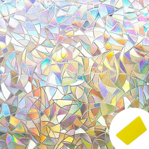KUAOOAUK 2PCS Rainbow Window Privacy Film, 3D Decals Stained Glass Clings with Scraper, Non-Adhesive Suncatcher Windows Cover Tint for Living Room Bedroom Kitchen Office (17.52 * 78.74in)