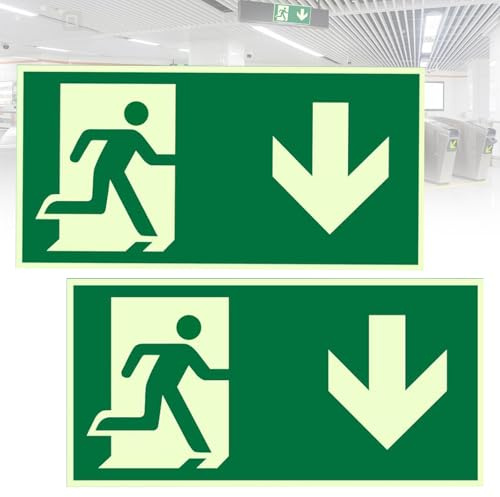 HAPPOW 2 Stück Notausgangsschild Nachleuchtend, 300x150mm Fluchtwegschilder Nachleuchtend, Schild Notausgang Selbstklebend, Vinyl-Lichtschutzfolie Material, für Schiffe, Treppenhäuser, Korridore