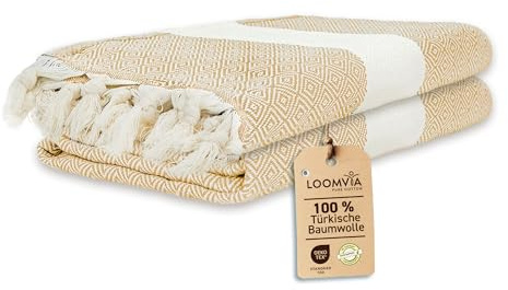 Loomvia | 2er Pack | Hamamtuch groß 100x180 aus 100% Baumwolle – Strandtuch, Saunatuch, Badetuch, Saunahandtuch | Saugstark & leicht | Saunatuch Damen & Herren für Strand, Sauna, Bad | Beige