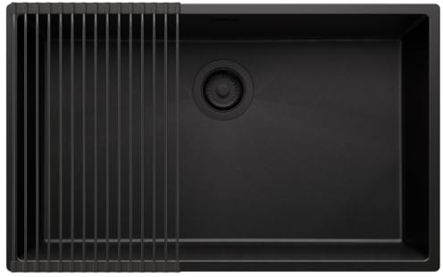 PRIMAGRAN Fregadero bajo Encimera al Mueble 80cm + Kit de desagüe, 76x47cm | Set: Kit de desagüe (sifón, válvula, rebosadero) + Enrollable Escurridor + London 1 Seno para Cocina, Todo Negro